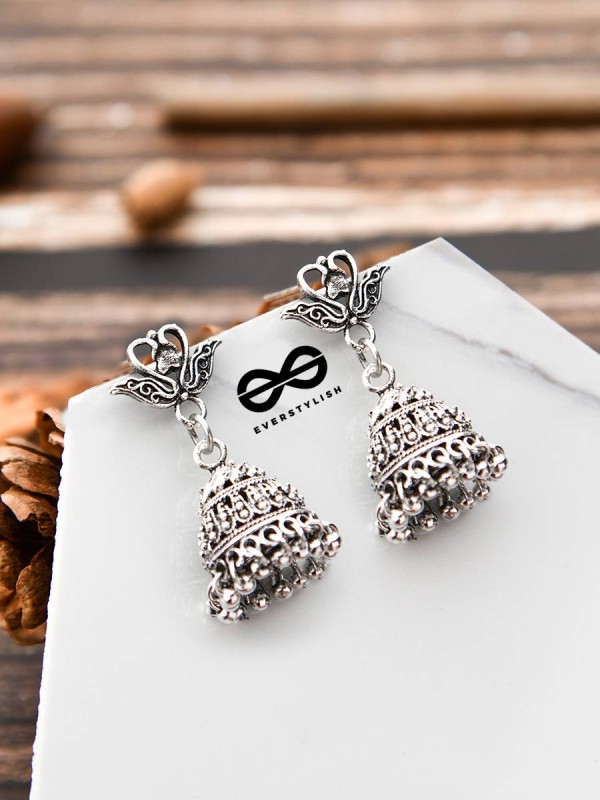 The Oxidised Swan Jhumkis - Tiny Trinket Earrings