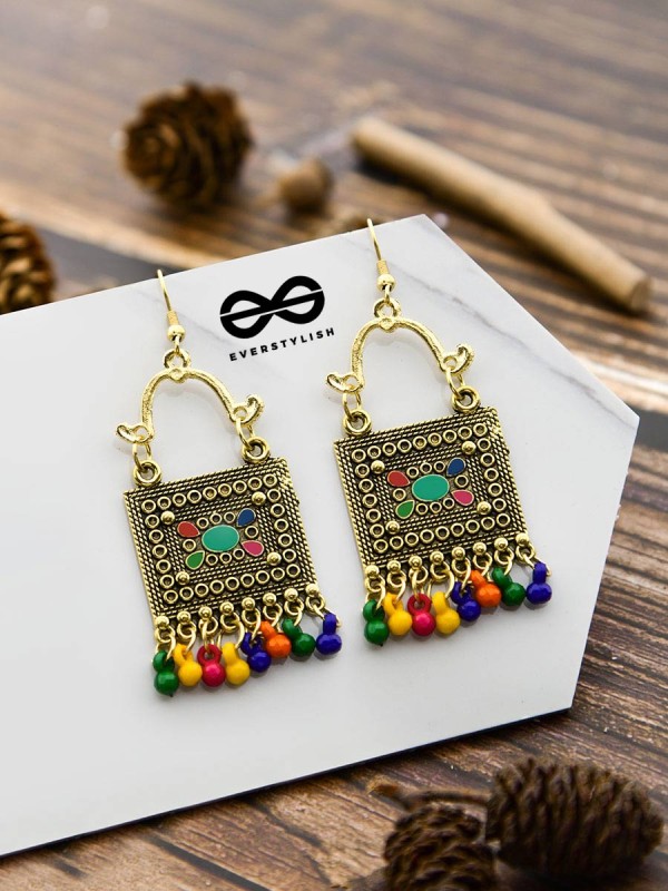 The Embellished Trunk - Oxidised Boho Earrings - Golden Multicolour
