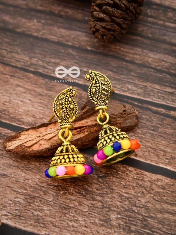 The Golden Multicoloured Jhumkis - Tiny Trinket Earrings