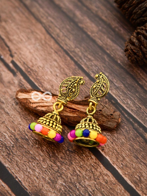 The Golden Multicoloured Jhumkis - Tiny Trinket Earrings