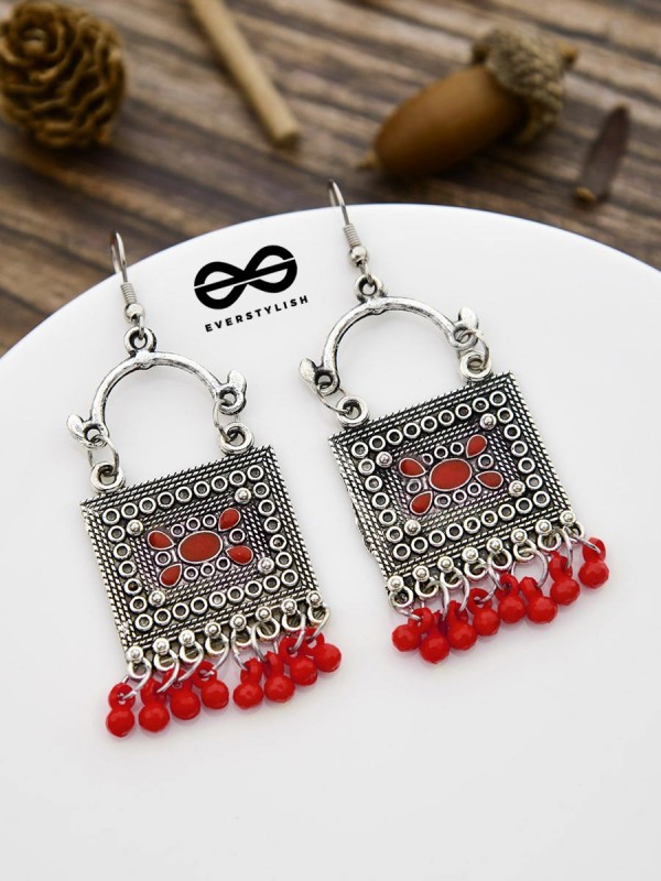 The Embellished Trunk - Oxidised Boho Earrings - Red