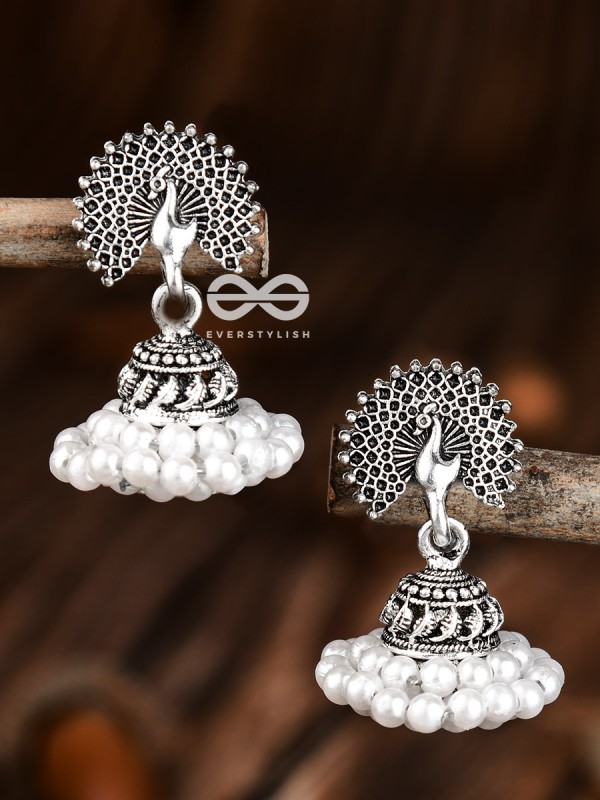 The Triple Threaded Pearl Peacock Jhumkis - Tiny Trinket Earrings