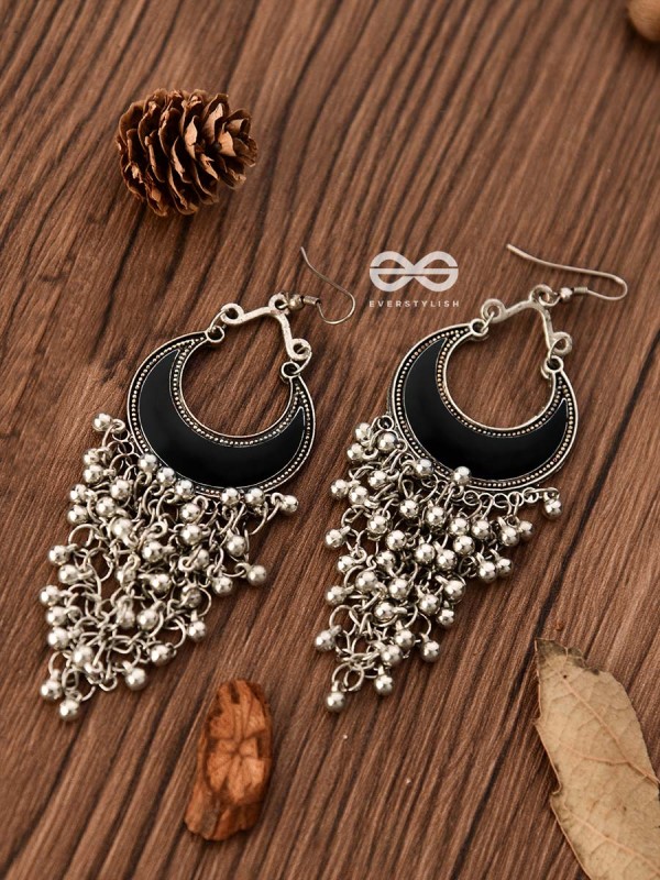 The Enamelled Moon Jhaalar (Black) - Oxidised Boho Earrings