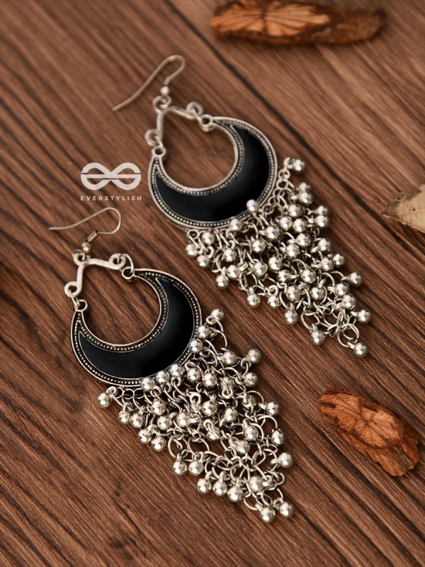 The Enamelled Moon Jhaalar (Black) - Oxidised Boho Earrings