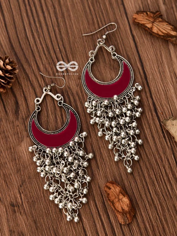 The Enamelled Moon Jhaalar (Red) - Oxidised Boho Earrings