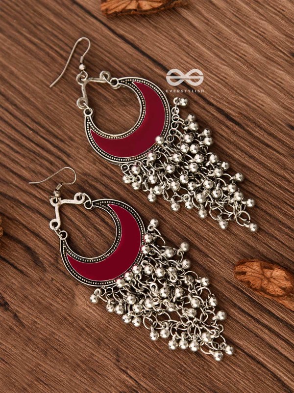 The Enamelled Moon Jhaalar (Red) - Oxidised Boho Earrings