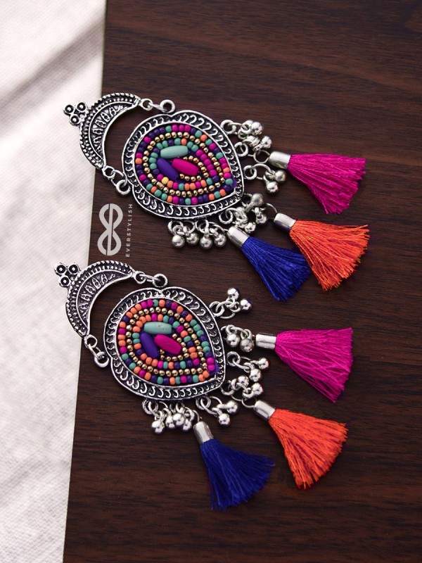 The Elegant Tasseled Statement Makers (Pink-blue Hues) - The Embroidered Oxidised Collection