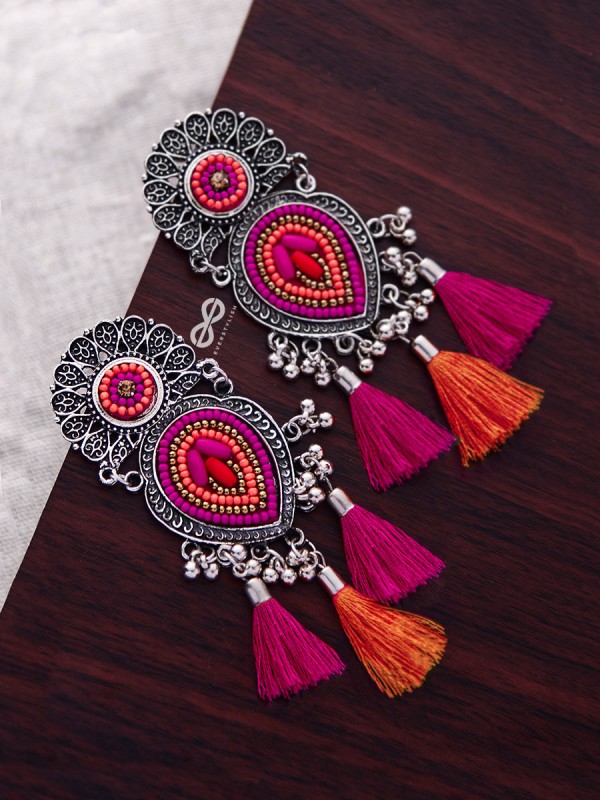 The Layered Tasseled Statement Makers (Pink-Orange) - The Embroidered Oxidised Collection
