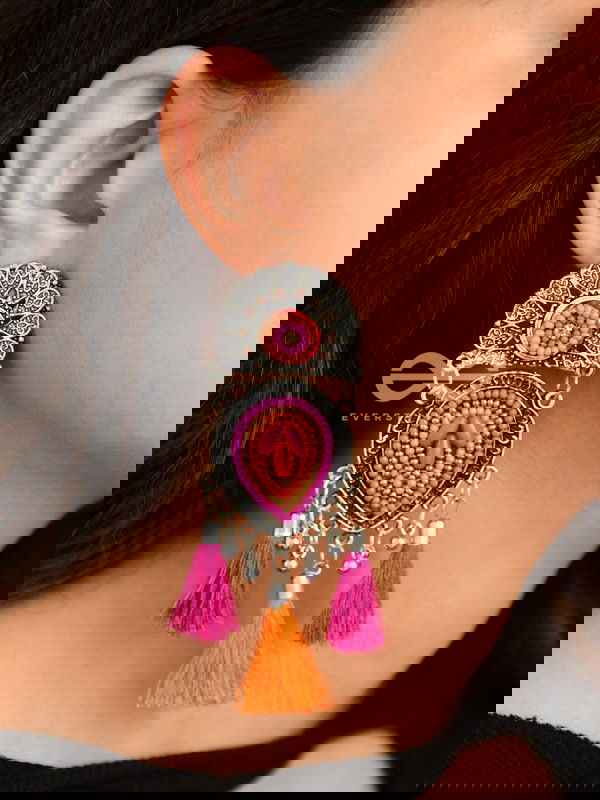 The Layered Tasseled Statement Makers (Pink-Orange) - The Embroidered Oxidised Collection