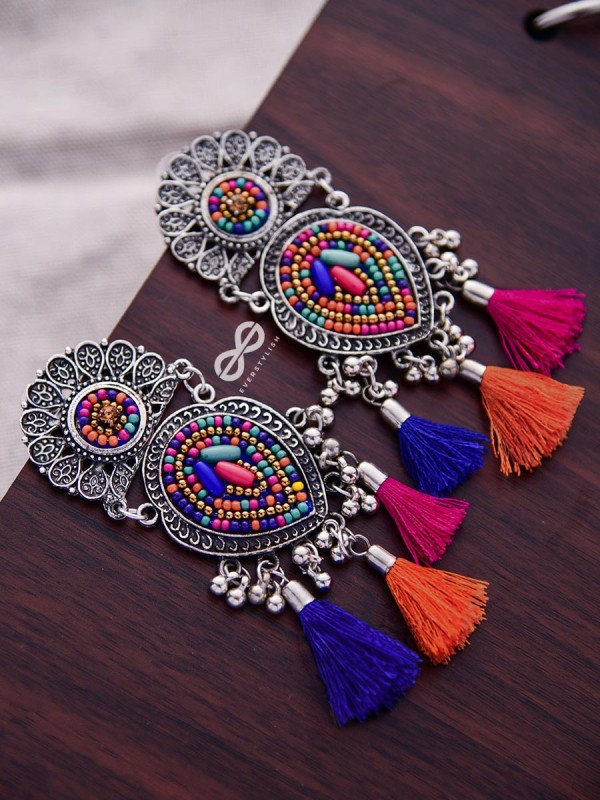 The Layered Tasseled Statement Makers (Pink-blue Hues) - The Embroidered Oxidised Collection