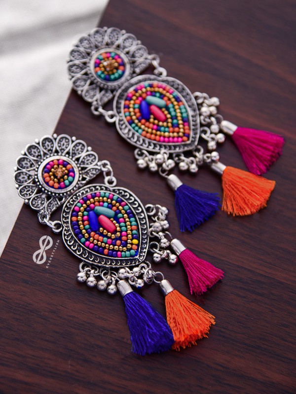 The Layered Tasseled Statement Makers (Pink-blue Hues) - The Embroidered Oxidised Collection