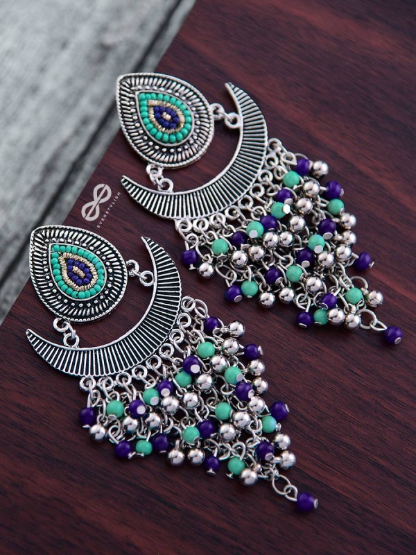 The Droplet Jhaalar Earrings (Blue Hues) - The Embroidered Oxidised Collection 