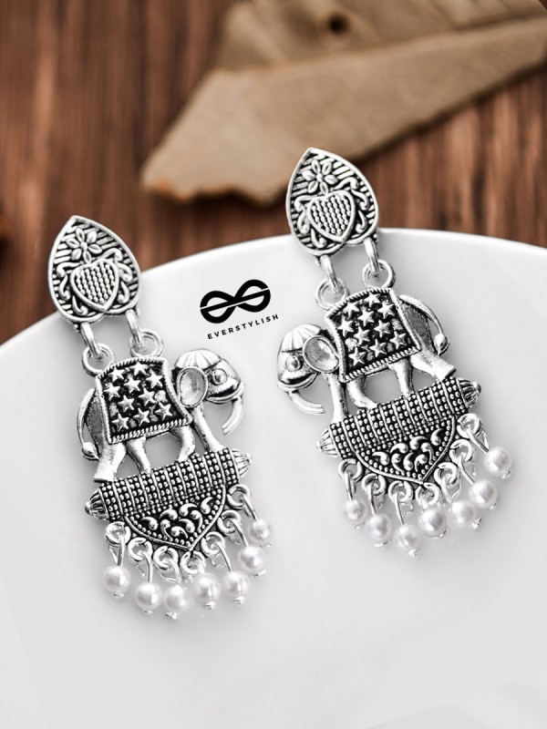 The Little Artistic Pearly Elephants - Oxidised Boho Earrings