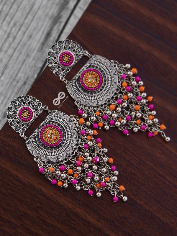 The Multi-Layered Beaded Jhaalar (Orange-Pink) - Embroidered Oxidised Collection