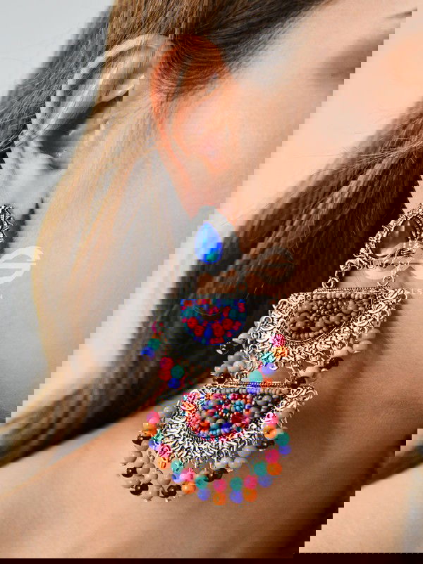 The Multilayered Elegance (Multicolour) - Embroidered Oxidised Earrings