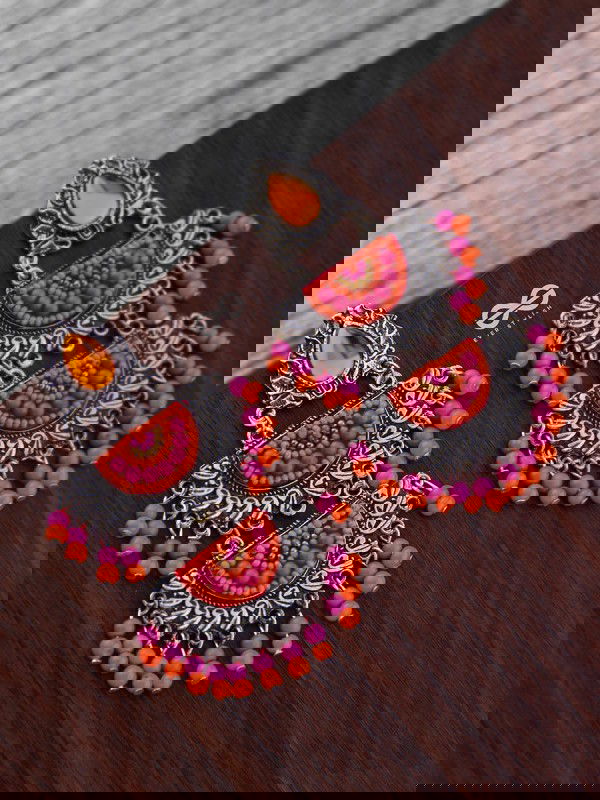 The Multilayered Elegance (Orange-Pink) - Embroidered Oxidised Earrings
