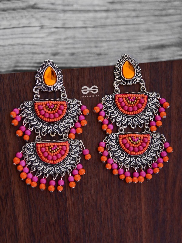 The Multilayered Elegance (Orange-Pink) - Embroidered Oxidised Earrings