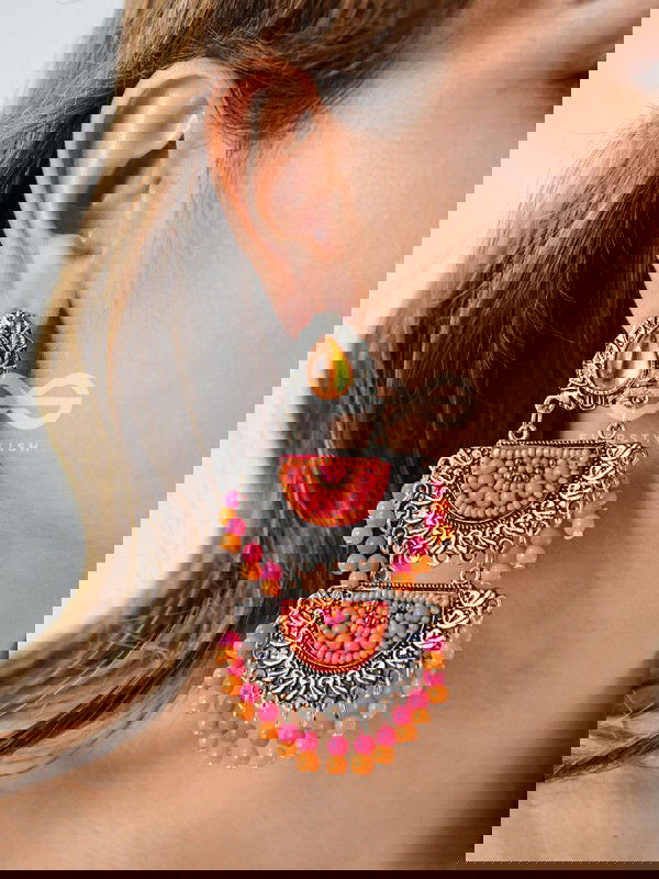 The Multilayered Elegance (Orange-Pink) - Embroidered Oxidised Earrings