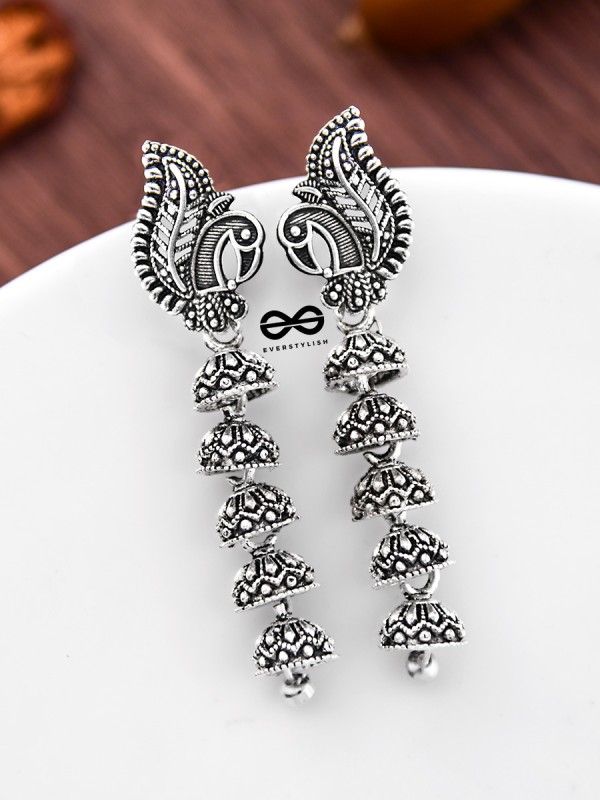The Five Layered Peacock Jhumkis - Oxidised Boho Earrings