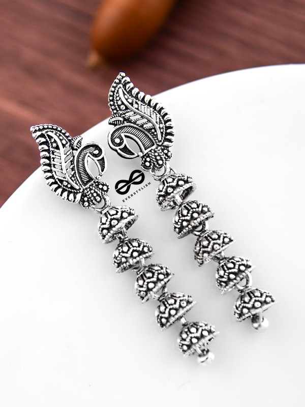 The Five Layered Peacock Jhumkis - Oxidised Boho Earrings