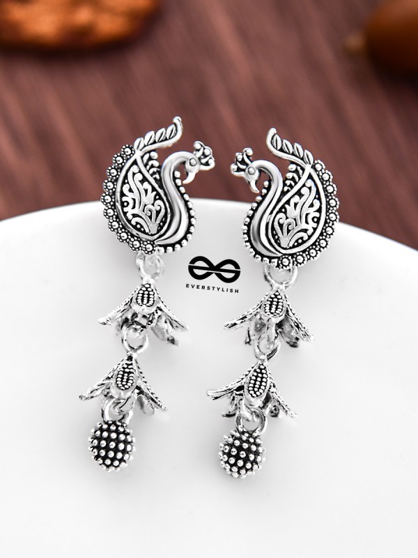 The Double Layered Peacock Jhumkis - Oxidised Boho Earrings