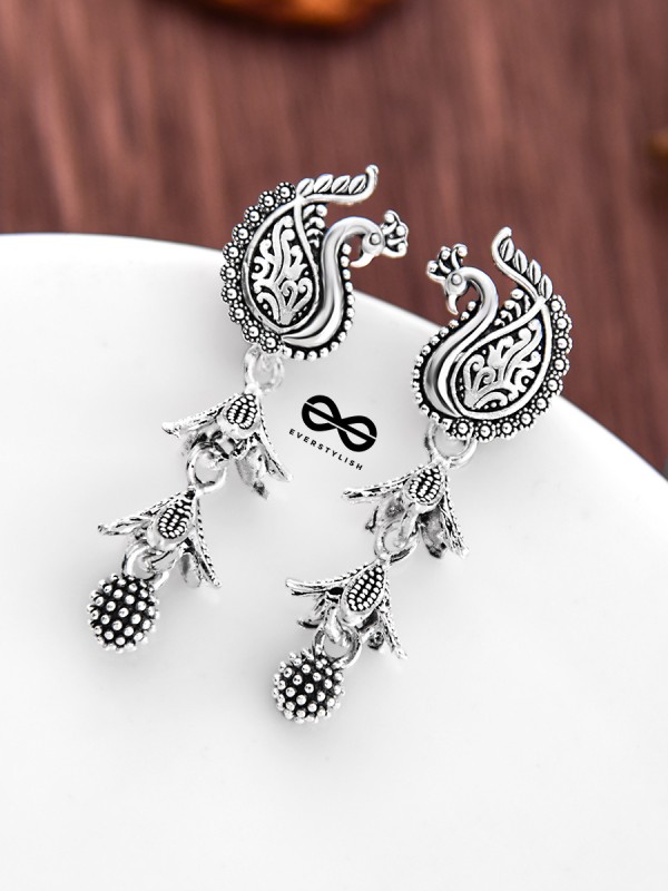 The Double Layered Peacock Jhumkis - Oxidised Boho Earrings
