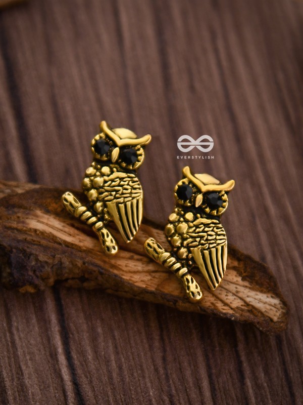 The Owl on a branch Studs (Golden) - Tiny Trinket Earrings