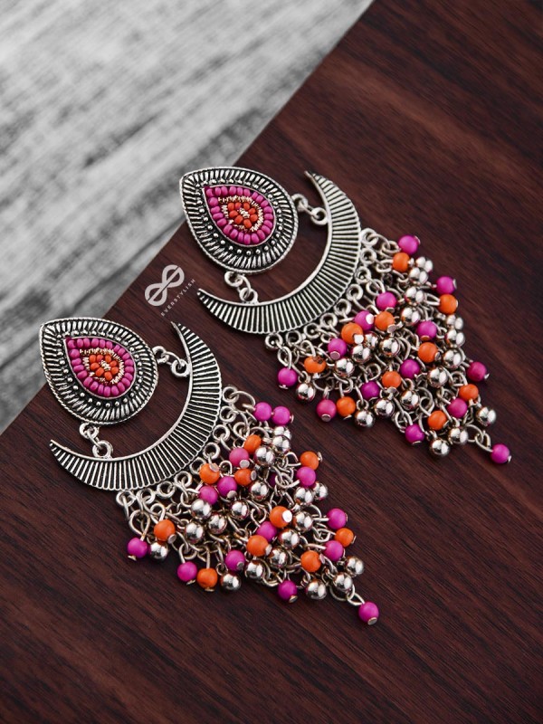 The Droplet Jhaalar Earrings (Orange-Pink) - The Embroidered Oxidised Collection