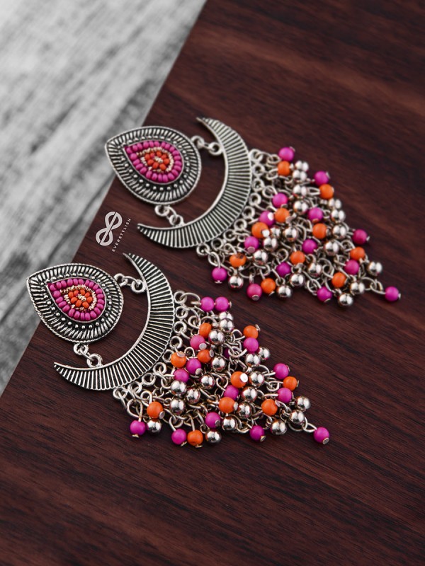 The Droplet Jhaalar Earrings (Orange-Pink) - The Embroidered Oxidised Collection