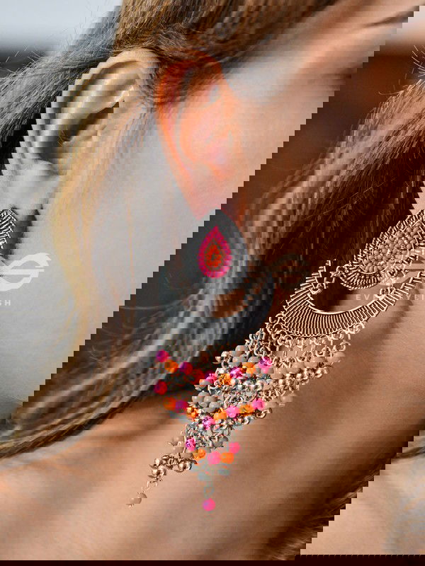 The Droplet Jhaalar Earrings (Orange-Pink) - The Embroidered Oxidised Collection