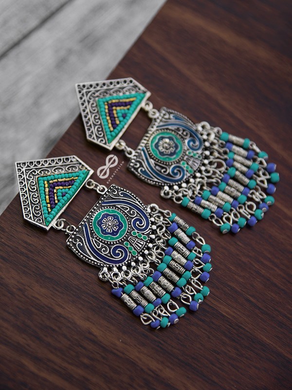 The Multilayered Meenakari Statement Makers (Blue Hues) - Embroidered Oxidised Collection