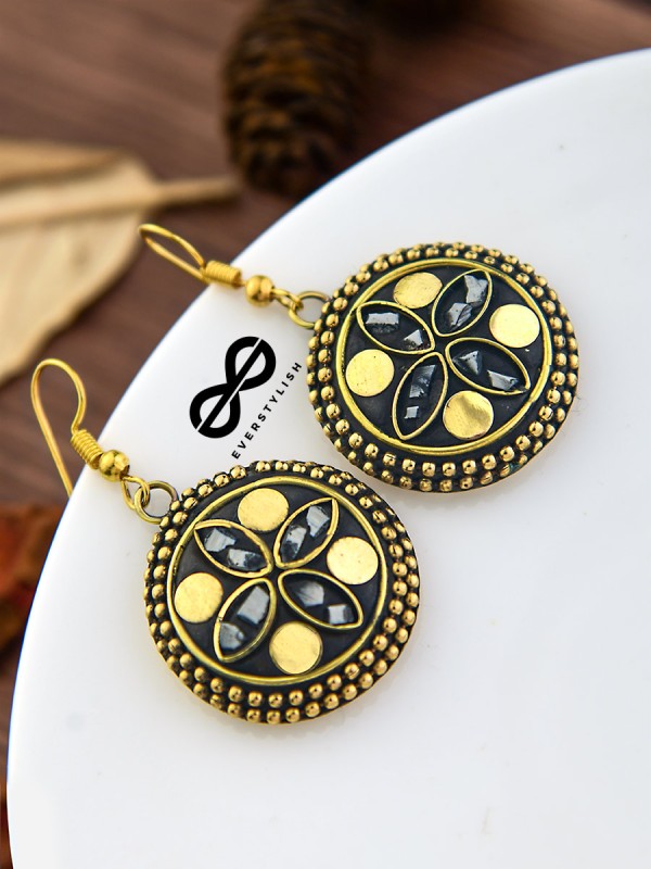 The Tribal Intricate Danglers (Golden) - Oxidised Boho Earrings