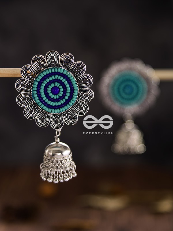 The Beaded Bohemian Flower Jhumkas (Blue) - Embroidered Oxidised Collection