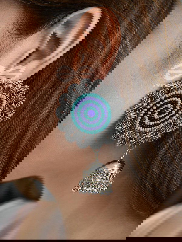 The Beaded Bohemian Flower Jhumkas (Blue) - Embroidered Oxidised Collection