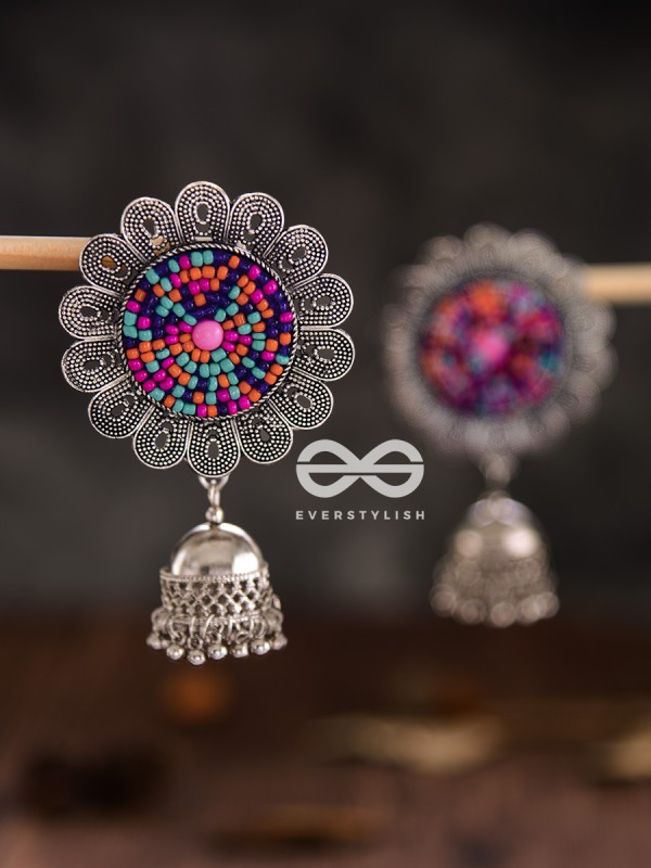 The Beaded Bohemian Flower Jhumkas (Multicoloured) - Embroidered Oxidised Collection