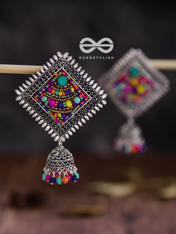 The Beaded Bohemian Square Jhumkas(Multicoloured) - Embroidered Oxidised Collection