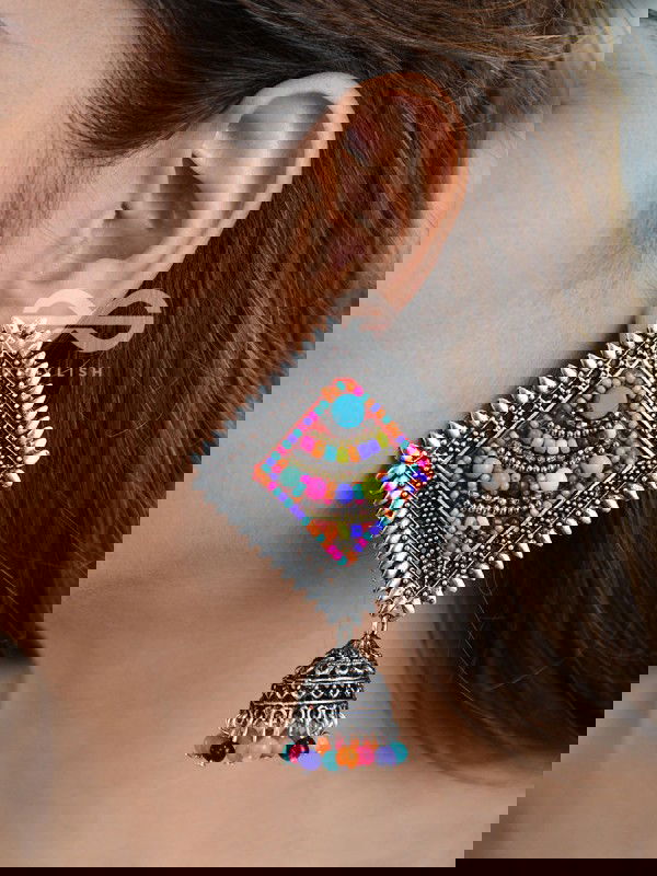 The Beaded Bohemian Square Jhumkas(Multicoloured) - Embroidered Oxidised Collection