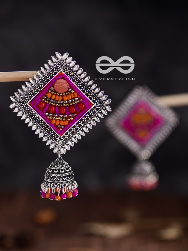 The Beaded Bohemian Square Jhumkas(Orange-Pink) - Embroidered Oxidised Collection