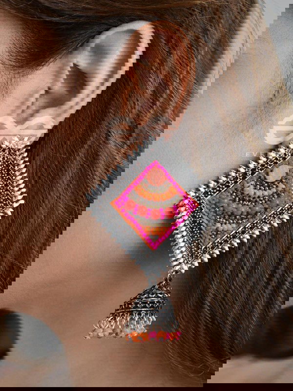 The Beaded Bohemian Square Jhumkas(Orange-Pink) - Embroidered Oxidised Collection