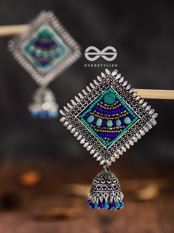 The Beaded Bohemian Square Jhumkas(Blue Hues) - Embroidered Oxidised Collection