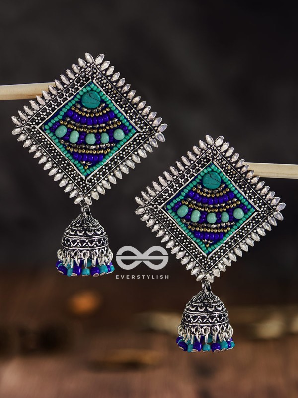 The Beaded Bohemian Square Jhumkas(Blue Hues) - Embroidered Oxidised Collection