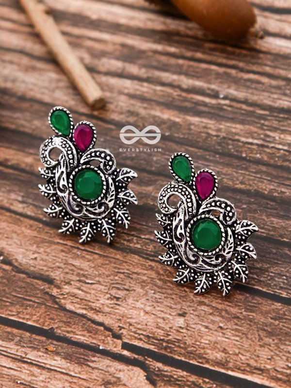 The Vintage Motif Studs - Ruby-Emerald - The Embellished Oxidised Collection