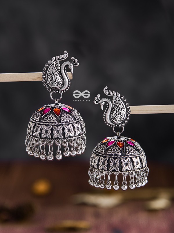 The Large Statement Peacock Jhumkas - Embellished Oxidised Collection