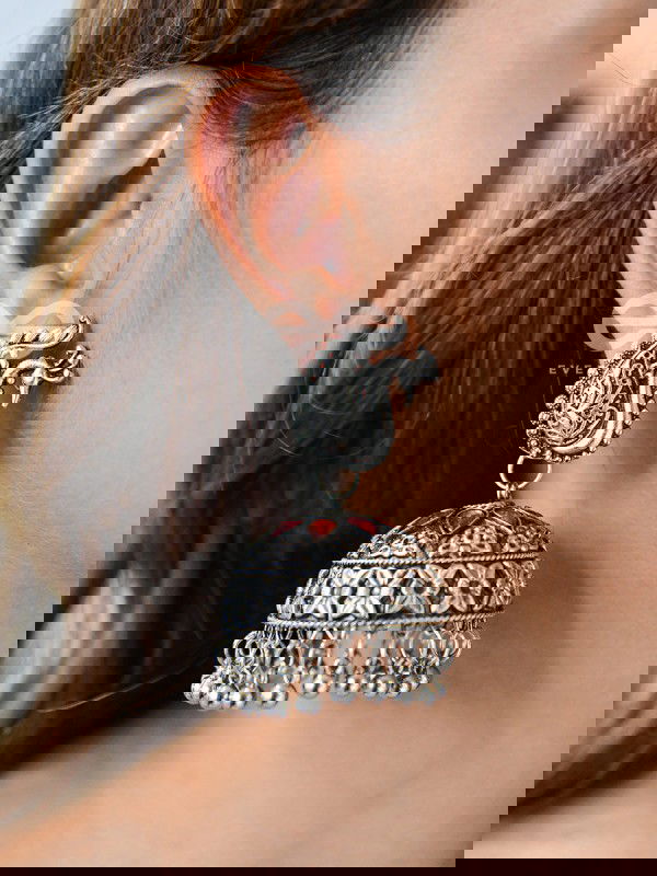 The Large Statement Peacock Jhumkas - Embellished Oxidised Collection