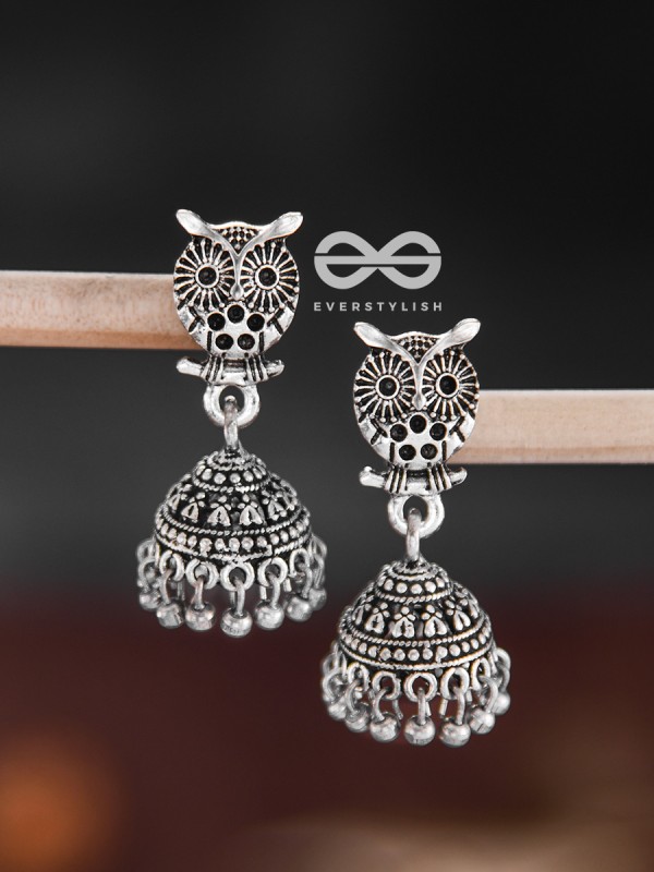 The Little Cute Owl Jhumkis - Oxidised Boho Earrings