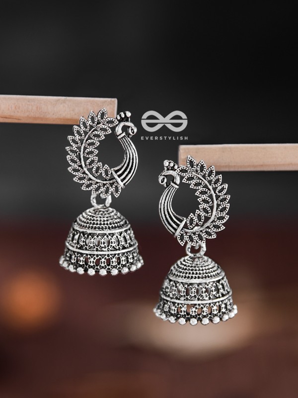 The Intricate Peacock Jhumkis - Oxidised Boho Earrings