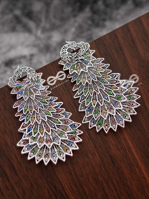 The MultiLayered Enamelled Peacock Danglers - Embellished Oxidised Collection