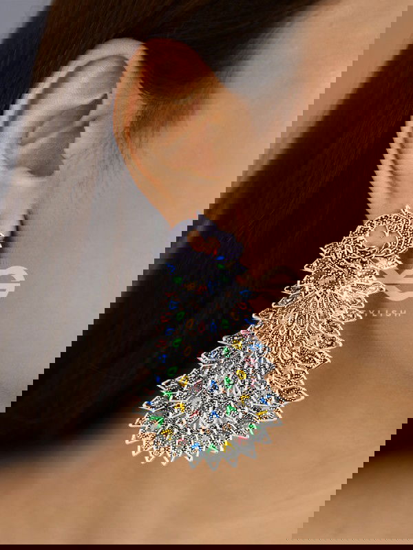 The MultiLayered Enamelled Peacock Danglers - Embellished Oxidised Collection