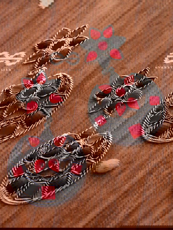 The Queen's Desire - Embellished Oxidised Danglers (Red-Black)
