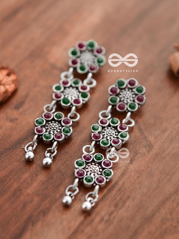 The Triple Layered Intricate Danglers (Ruby Emerald) - The Embellished Oxidised Collection
